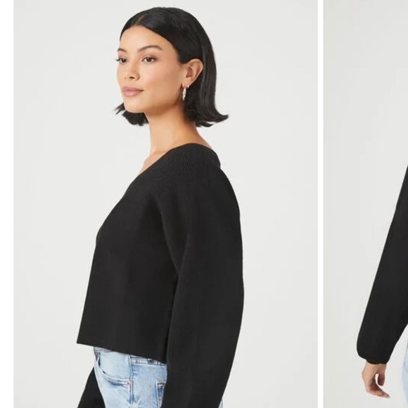 Boxy Cropped Ribbed V-Neck Sweater - Picture 2 of 3